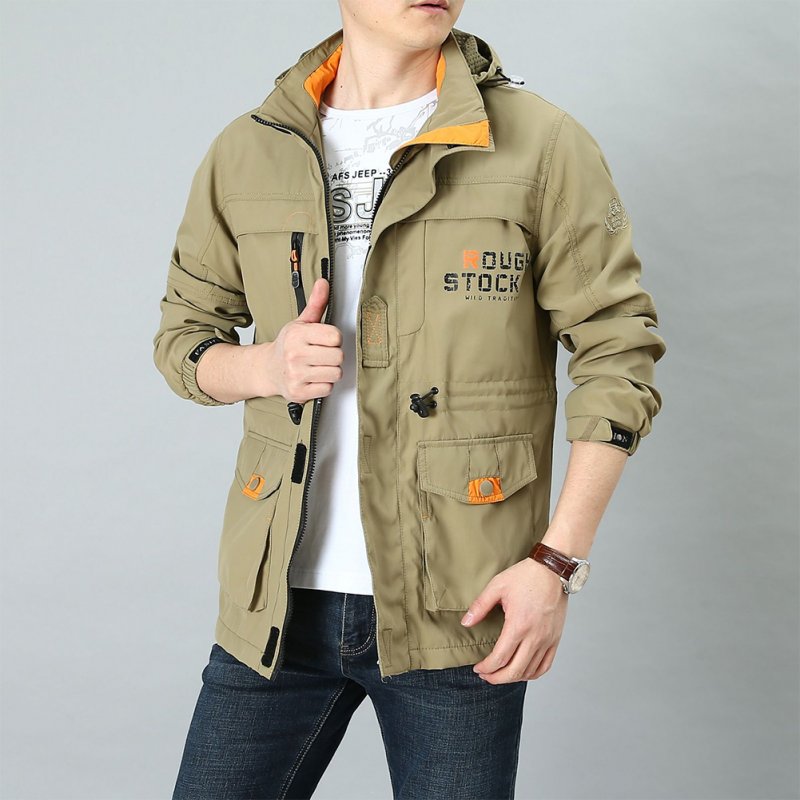 Male Long Sleeves Zippered Sports Wear Casual Hooded Cardigan Outwear Cycling Skiing  Khaki_L