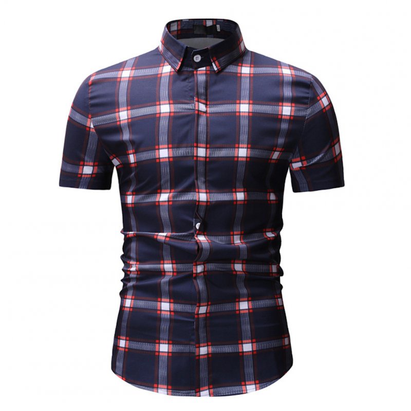 Male Plaid Printed Leisure Shirt of Short Sleeves and Turn-down Top Cardigan Slim Costume Red lattice_XL