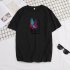 Male Short Sleeves Shirt Feathers Printed Top Pure Cotton Leisure Pullover 634 black M