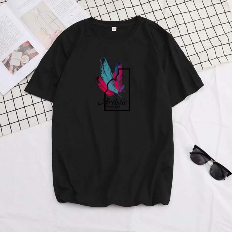 Male Short Sleeves Shirt Feathers Printed Top Pure Cotton Leisure Pullover 634 black_L