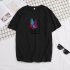 Male Short Sleeves Shirt Feathers Printed Top Pure Cotton Leisure Pullover 634 black L