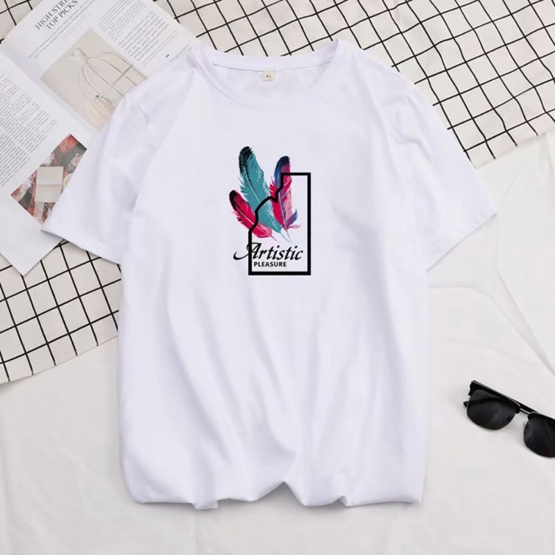 Male Short Sleeves Shirt Feathers Printed Top Pure Cotton Leisure Pullover 634 white_XL
