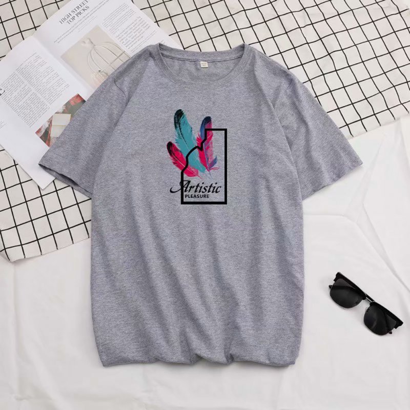 Male Short Sleeves Shirt Feathers Printed Top Pure Cotton Leisure Pullover 634 gray_XL