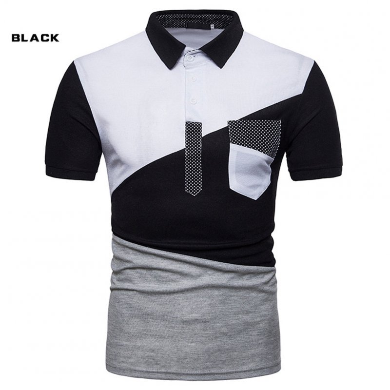 Male Short Sleeves and Turn-Down Collar Pullover Contrast Color Top Polo Shirt black_2XL