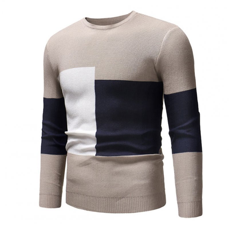 Male Sweater of Long Sleeves and Round Neck Casual Contrast Color Top Pullover Base Shirt apricot_L