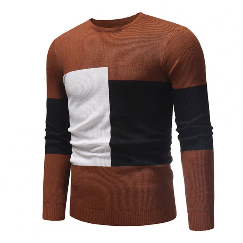 Male Sweater of Long Sleeves and Round Neck Casual Contrast Color Top Pullover Base Shirt caramel colour_2XL
