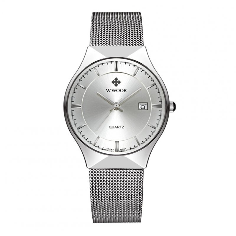 Man Fashionable Stainless Steel Band Calendar Waterproof Quartz Watch White shell white dial