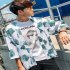 Man Floral Retro Trend Casual Loose Beach Couple Short sleeved Fashion Shirt Army Green L