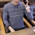 Man Long sleeves and Round Neck Top Slim Pullover Sweater with Strips Decorated gray M