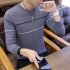 Man Long sleeves and Round Neck Top Slim Pullover Sweater with Strips Decorated gray M