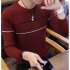 Man Long sleeves and Round Neck Top Slim Pullover Sweater with Strips Decorated Wine red XL