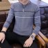 Man Long sleeves and Round Neck Top Slim Pullover Sweater with Strips Decorated Navy 2XL
