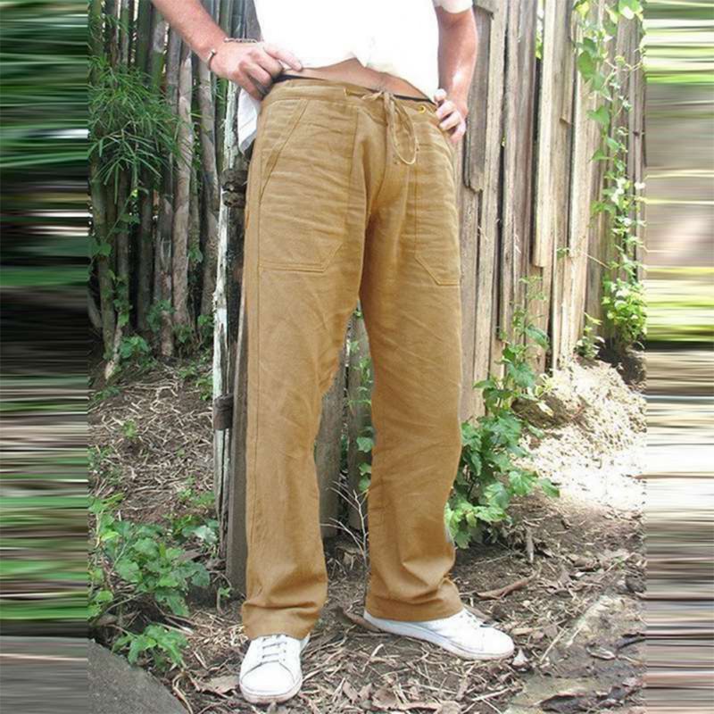Man Plain Straight Track Pants Jogger Drawstring Slacks Casual Pants Khaki_L