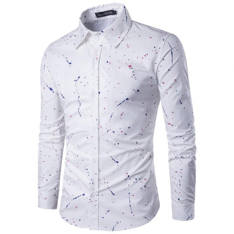 Man Single-breasted Leisure Shirt Long Sleeves and Lapel Cardigan Top with Floral Printed white_L