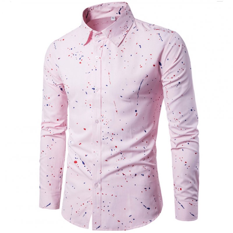 Man Single-breasted Leisure Shirt Long Sleeves and Lapel Cardigan Top with Floral Printed Pink_M