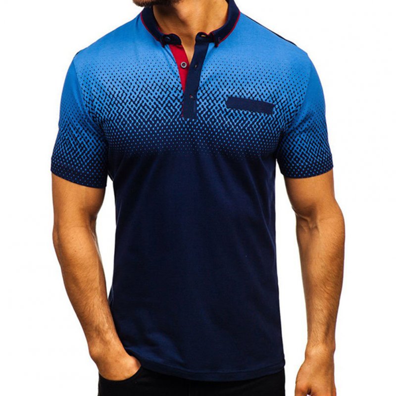 Man Summer 3D Printing Short Sleeves Lapel Polo Shirt  Navy_XL
