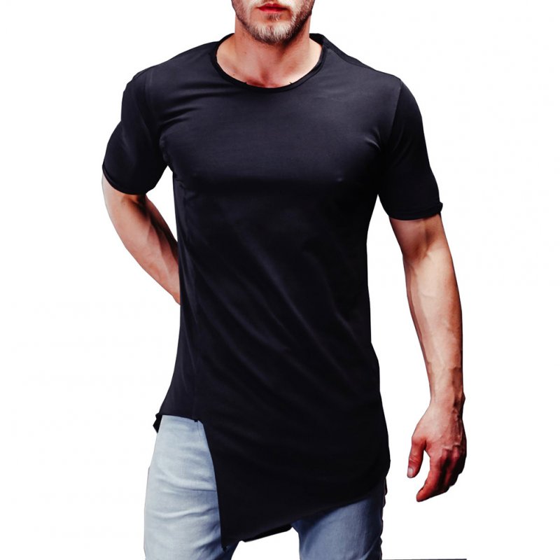 Man Summer Casual Style Round Collar Short Sleeves Irregular Bottom T-shirt black_L