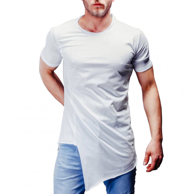 Man Summer Casual Style Round Collar Short Sleeves Irregular Bottom T-shirt white_2XL