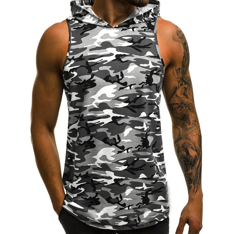 Man Vest Camouflage Casual Tops Patchwork Running Jacket Sleeveless Sports Wear gray_2XL