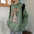 Man Woman Oversize Hoodie Spring Autumn Loose Cartoon Dinosaur Printing Pattern Drawstring Hoodie Green XL