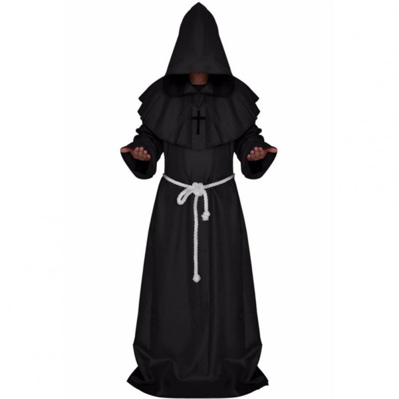 Mediaeval Monks Clothing Pastor Clothes Long Robe Wizard Costume Cosplay Church Fathers Costumes Halloween Masquerade Costume Black (medieval monk)_L