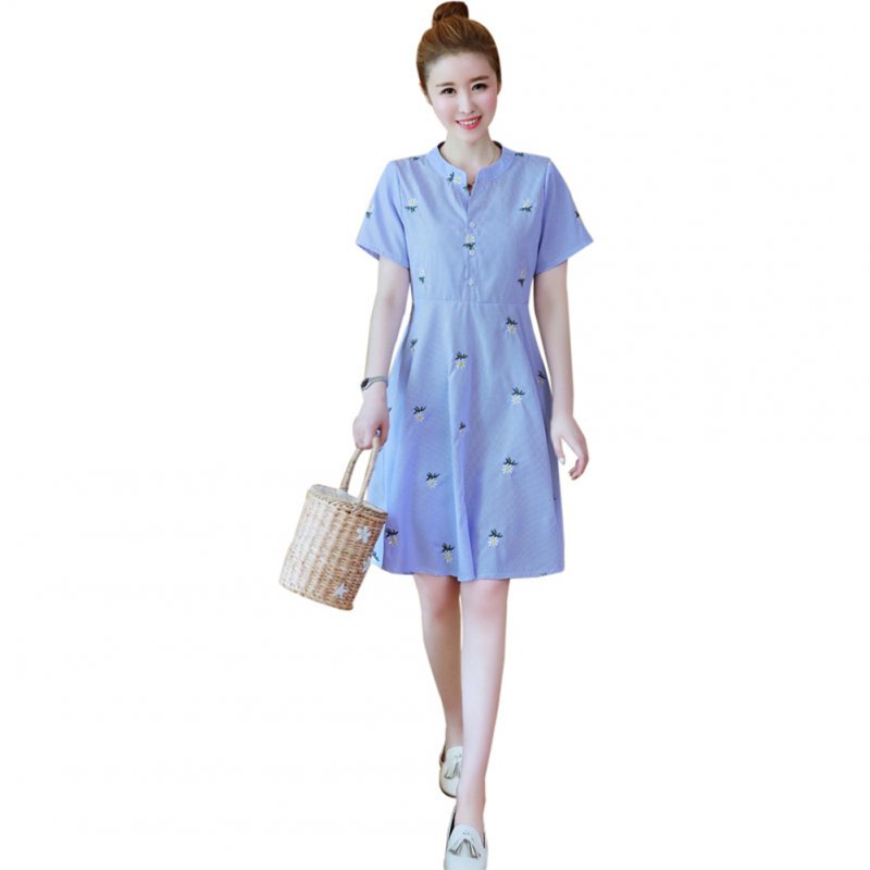 Medium Style Stripes Printing Embroidered Dress for Pregnant Woman blue_M