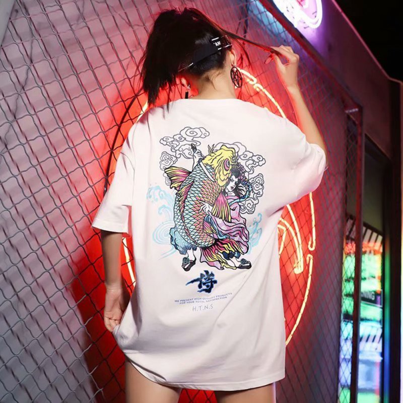 Men And Women Couple Summer Colorful Fish Printing Short-sleeved T-shirt Tops white_XL