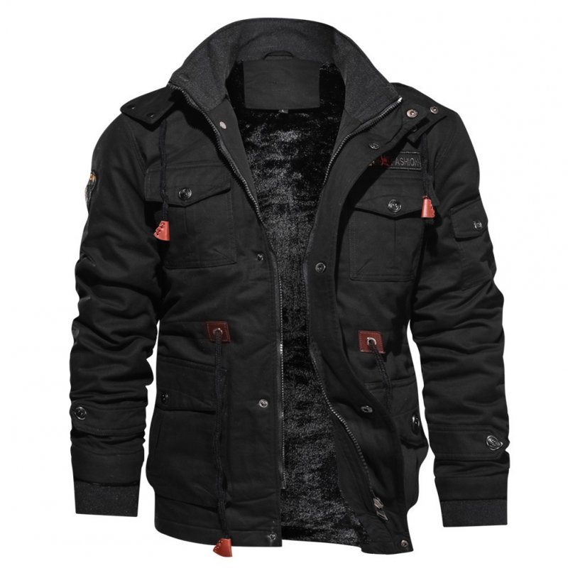 Men Autumn And Winter Fleece Lined Thickening Embroidered Cotton Hooded Jacket Coat Tops black_XXXXL