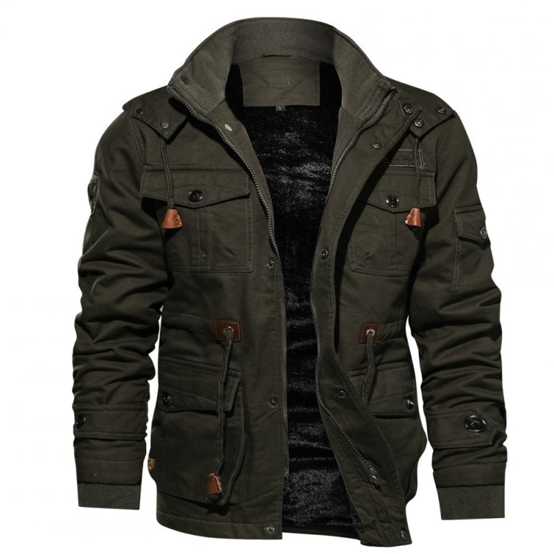 Men Autumn And Winter Fleece Lined Thickening Embroidered Cotton Hooded Jacket Coat Tops ArmyGreen_M