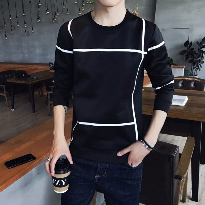 Men Autumn Fashion Slim Long Sleeve Round Neckline Sweatshirt Tops D108 black_M