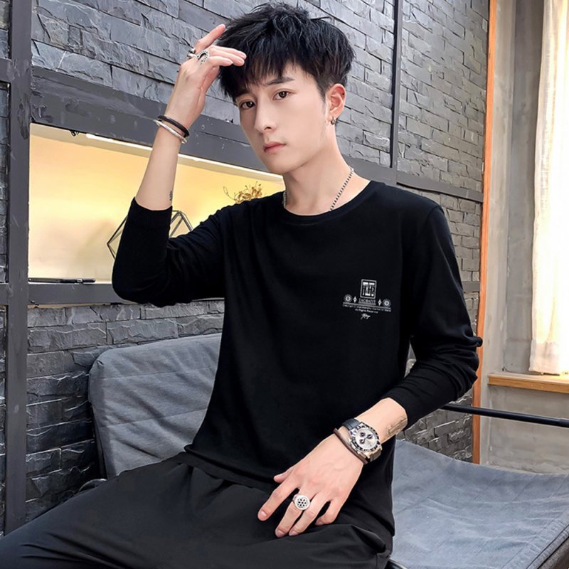 Men Autumn Long Sleeve Round Neck Solid Color Print T-Shirt Cotton Bottoming Shirt Tops black_M