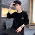 Men Autumn Long Sleeve Round Neck Solid Color Print T Shirt Cotton Bottoming Shirt Tops black M