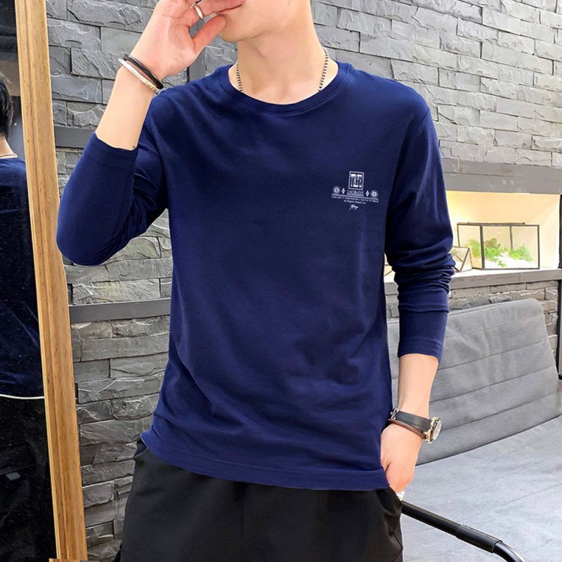 Men Autumn Long Sleeve Round Neck Solid Color Print T-Shirt Cotton Bottoming Shirt Tops blue_XXL