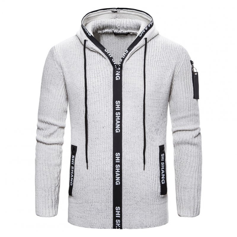 Men Autumn Slim Knit Cardigan Zip Up Hooded Sweater Jacket Coat Tops light grey_M