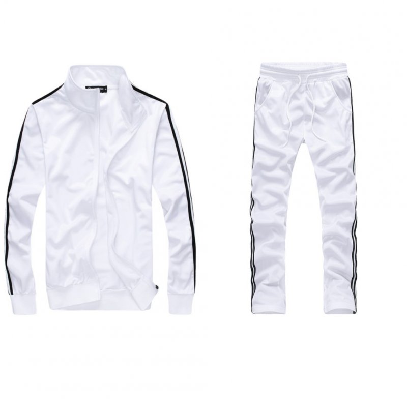 Men Autumn Sports Suit Striped Casual Sweater + Pants Two-piece Suit Outfit white_5XL