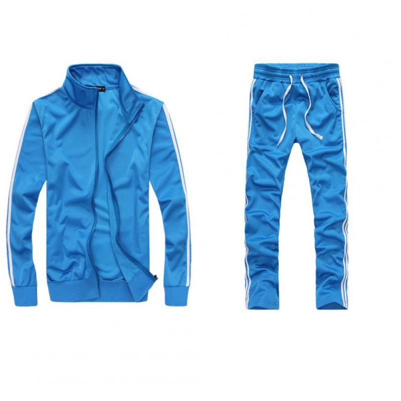 Men Autumn Sports Suit Striped Casual Sweater + Pants Two-piece Suit Outfit sky blue_4XL