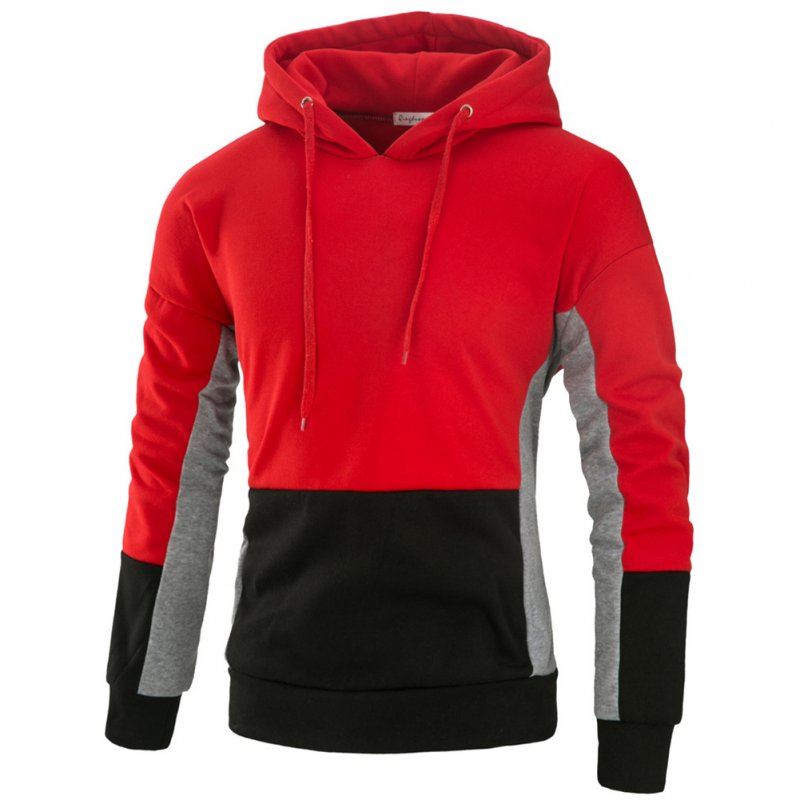 Men Autumn Stitching Hooded Pullover Casual Long Sleeve Sweater Coat Tops red_3XL