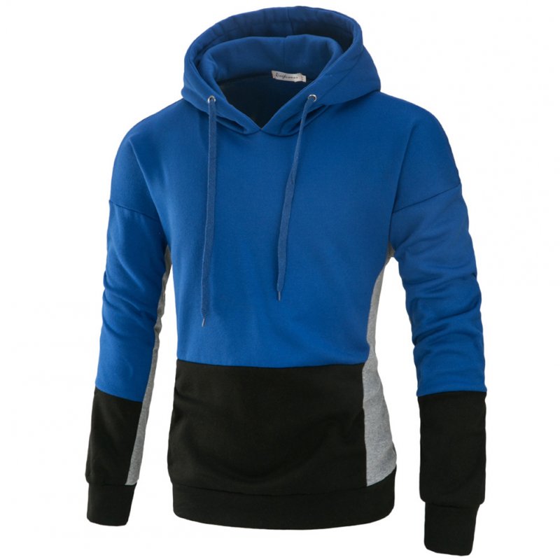 Men Autumn Stitching Hooded Pullover Casual Long Sleeve Sweater Coat Tops Royal blue_L