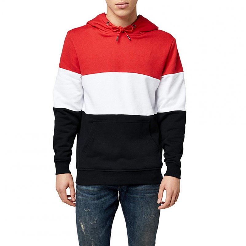 Men Autumn Winter Creative Solid Color Casual Hooded Loose Sweater Shirt Tops Red white black_L