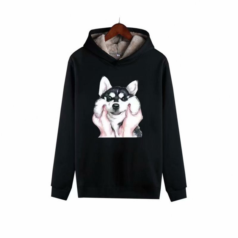 Men Autumn Winter Pullover Hooded Sweater Loose Long Sleeve Fleece Line Tops Hoodie dog-black_XXL
