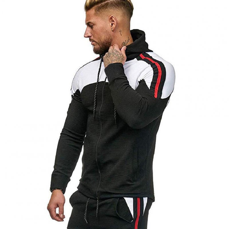 Men Autumn Winter Zipper Striped Patchwork Long Sleeve Hoodies for Sports Casual  black_M