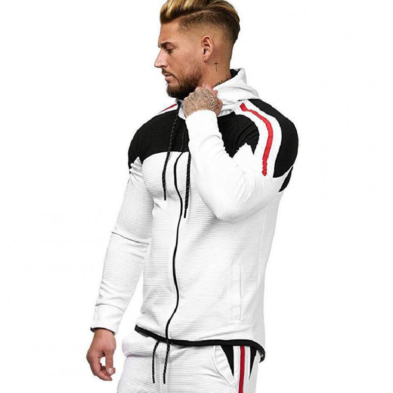 Men Autumn Winter Zipper Striped Patchwork Long Sleeve Hoodies for Sports Casual  white_M