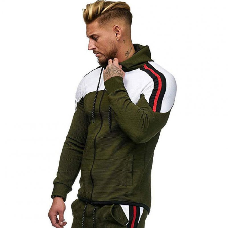 Men Autumn Winter Zipper Striped Patchwork Long Sleeve Hoodies for Sports Casual  Army Green_M