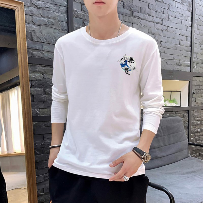 Men Autumn and Winter Long Sleeve Round Neckline Print Solid Color Cotton T-Shirt Tops white_M