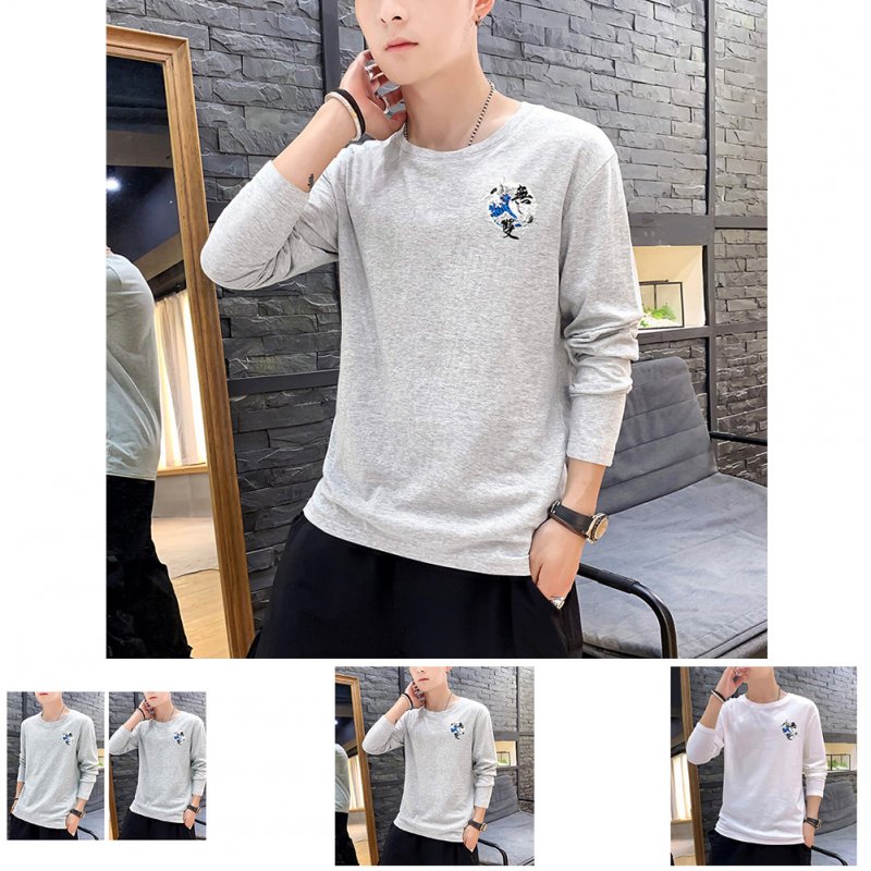 Men Autumn and Winter Long Sleeve Round Neckline Print Solid Color Cotton T-Shirt Tops gray_M