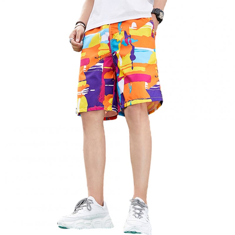Men Beach Quick Dry Colorful Large Size Loose Elastic Shorts as shown_L
