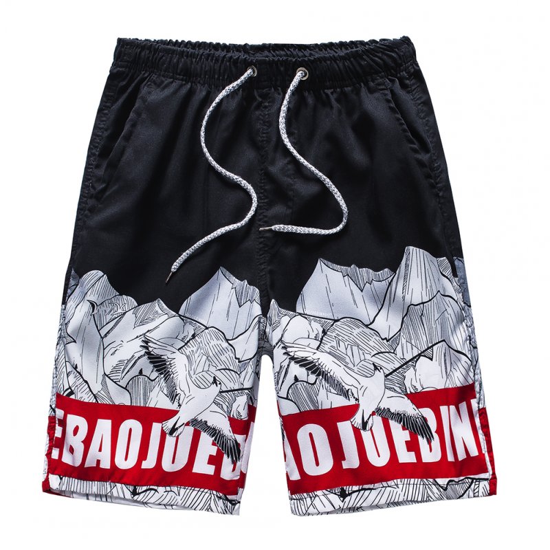 Men Beach Shorts Quick-dry Words Printing Pattern Loose Casual Oversize Boxer Shorts Red bar_XL