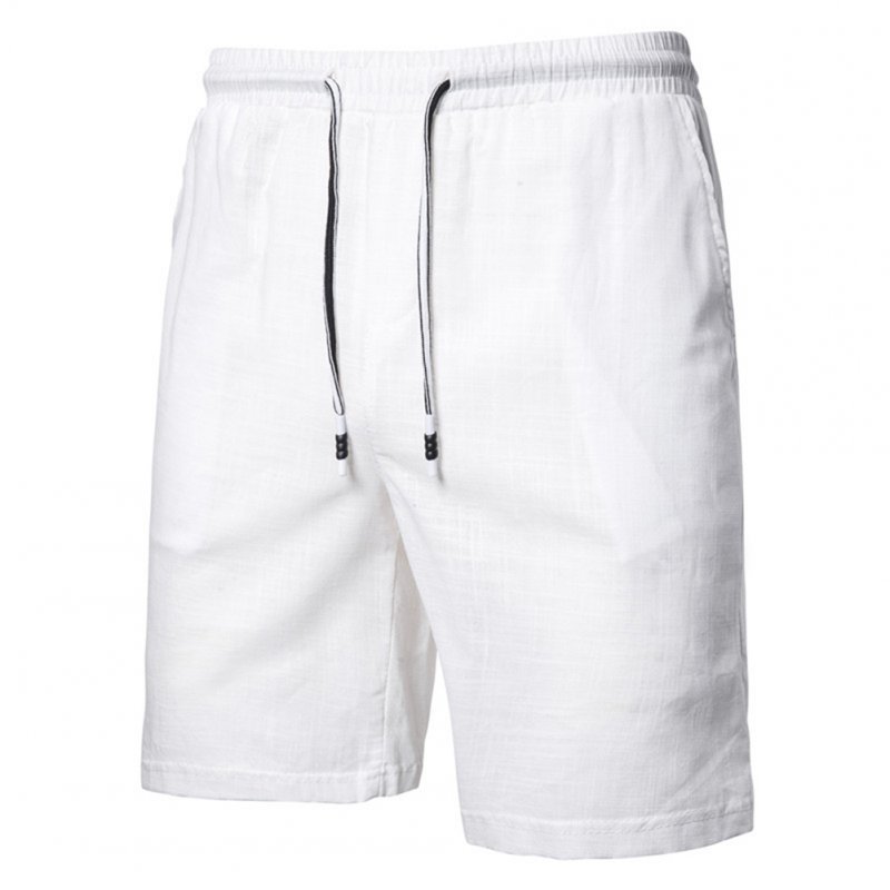 Men Beach Shorts Straight Tube Shape Flax Solid Color Shorts  white_3XL