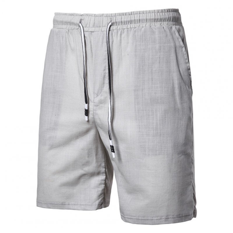 Men Beach Shorts Straight Tube Shape Flax Solid Color Shorts  gray_XL