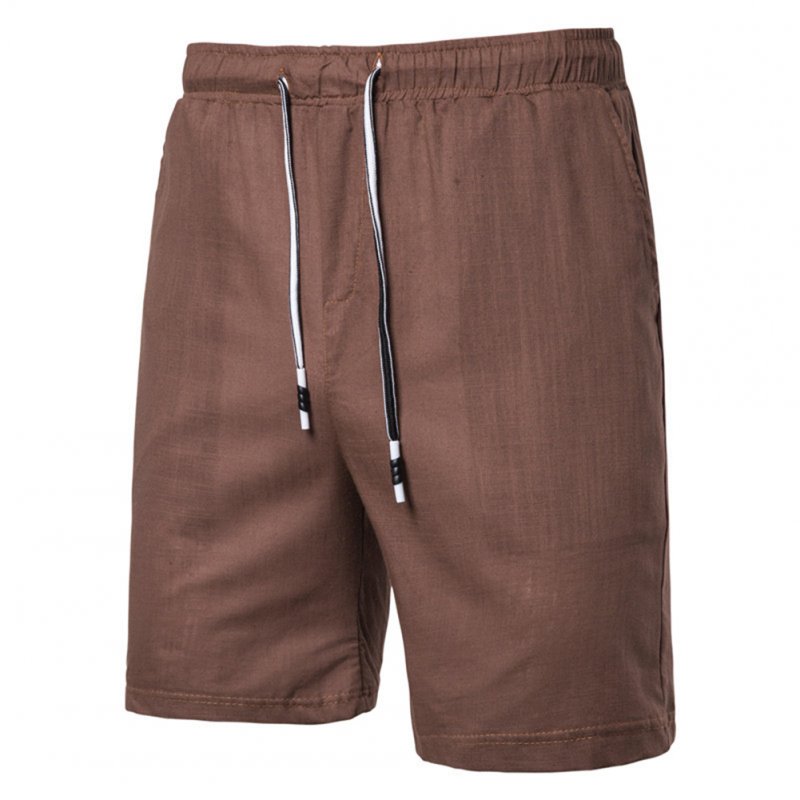 Men Beach Shorts Straight Tube Shape Flax Solid Color Shorts  brown_L